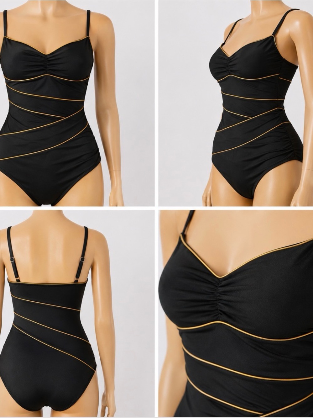 Black One-Piece Swimsuit with Gold Trim
